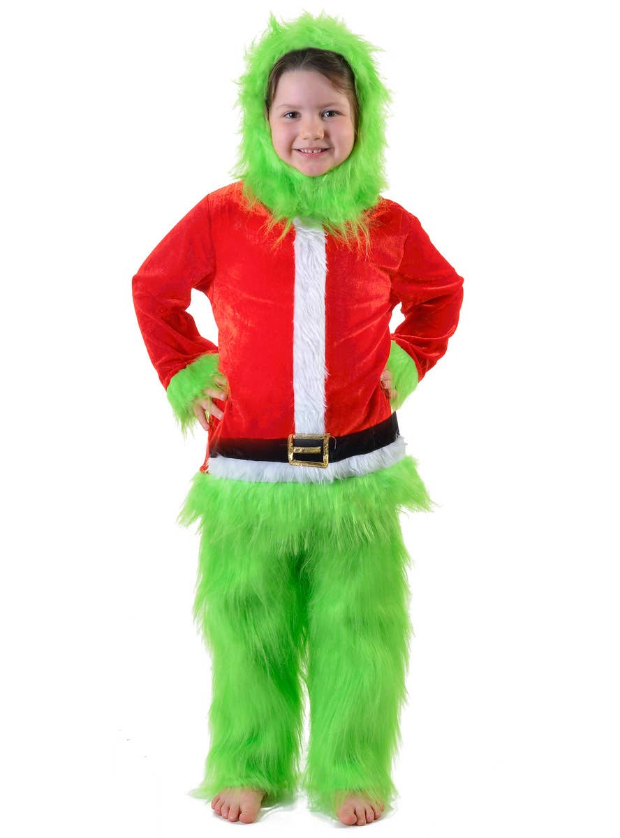 Image of Furry Green Kid's Santa Christmas Costume - Front View