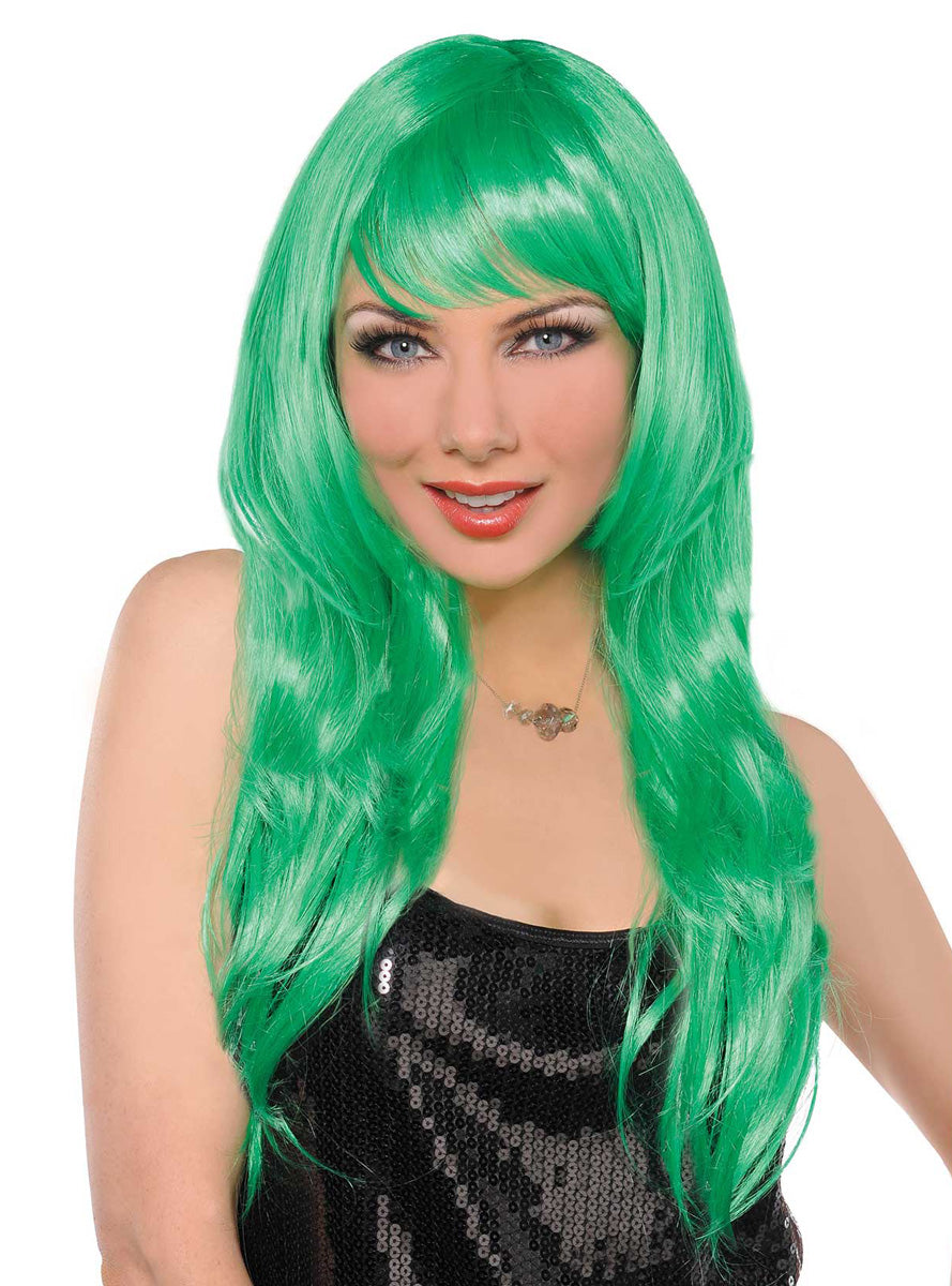 Womens Long Green Costume Wig with Side Swept Fringe