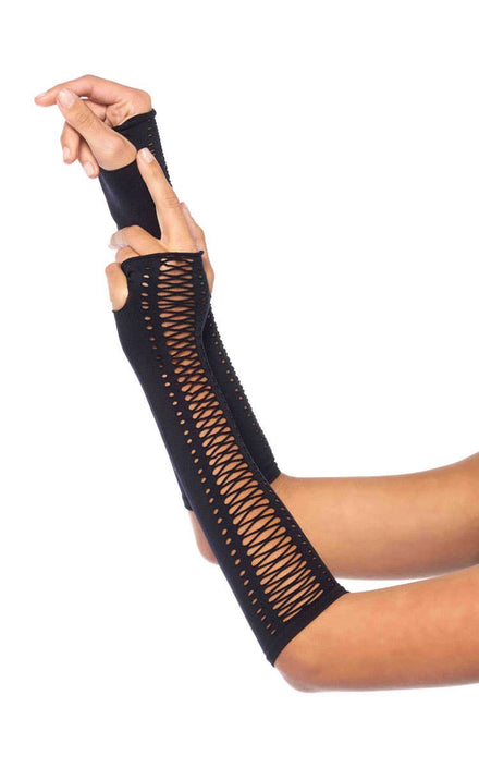 Seamless Black Opaque Lace Up Gloves Costume Accessory