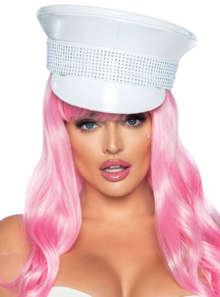 White Gloss Peaked Military Style Festival Hat with Silver Rhinestones
