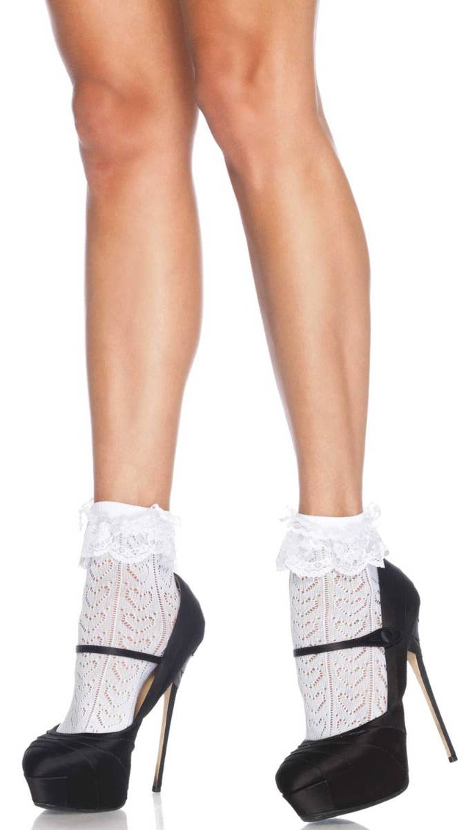 White Lace Top Anklets with Crochet Hearts Front View