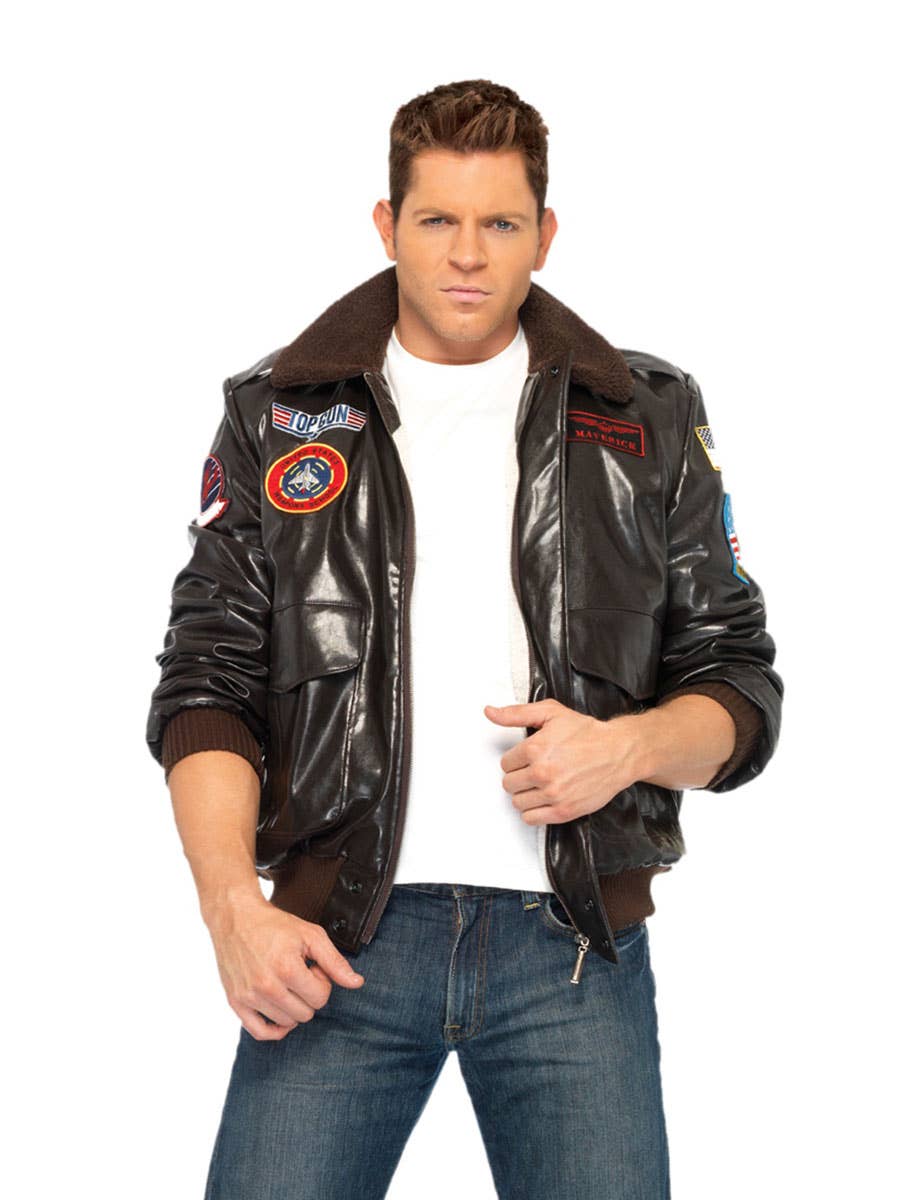 Officially Licensed Brown Faux Leather Top Gun Bomber Jacket for Men - Close Up Image