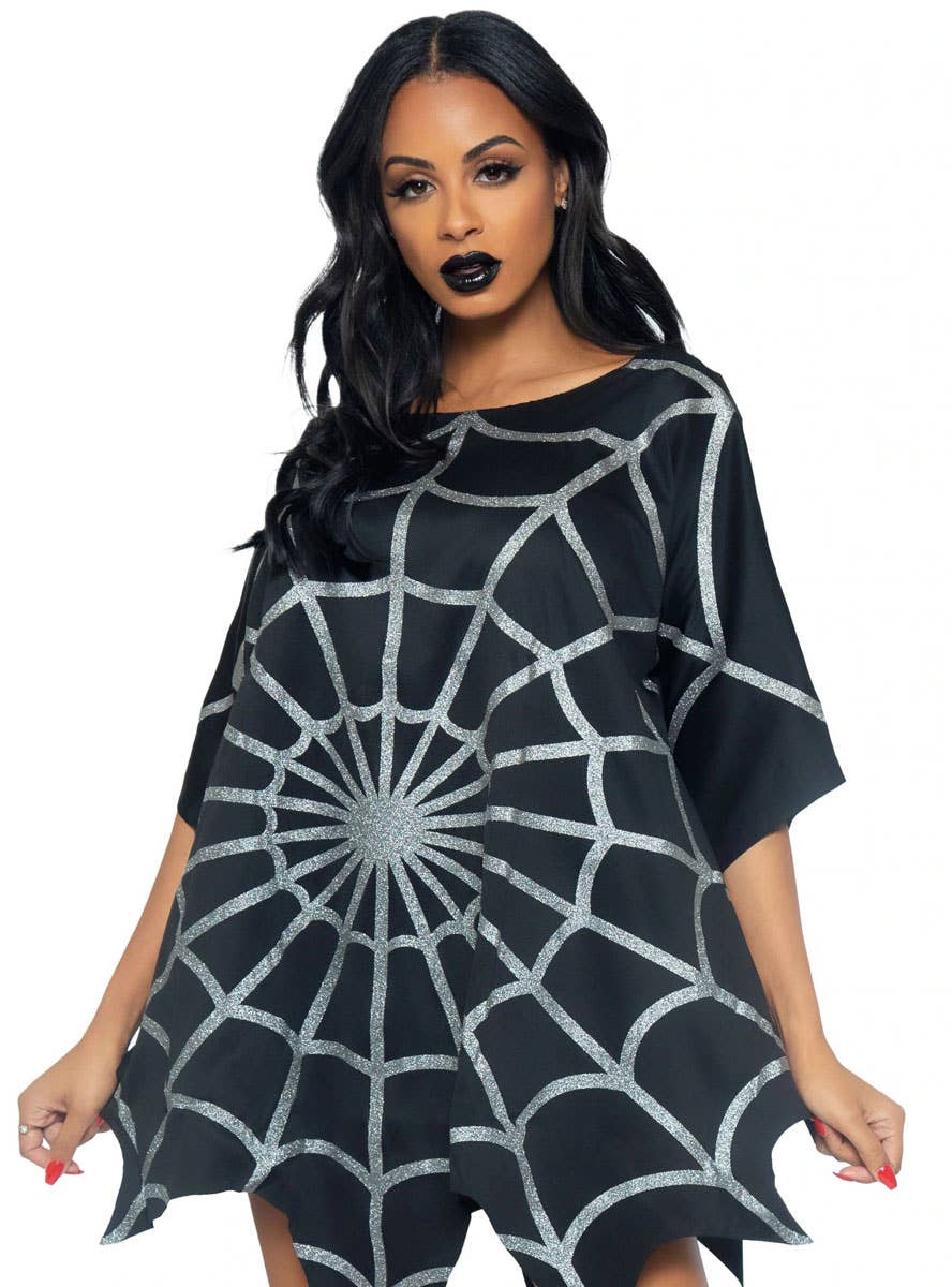 Womens Black Spider Costume Poncho with Silver Glitter Spiderweb - Close Front Image