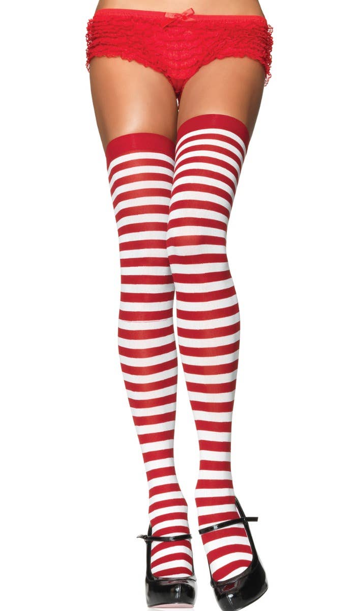 Women's Red and White Thigh High Hosiery - Front Image