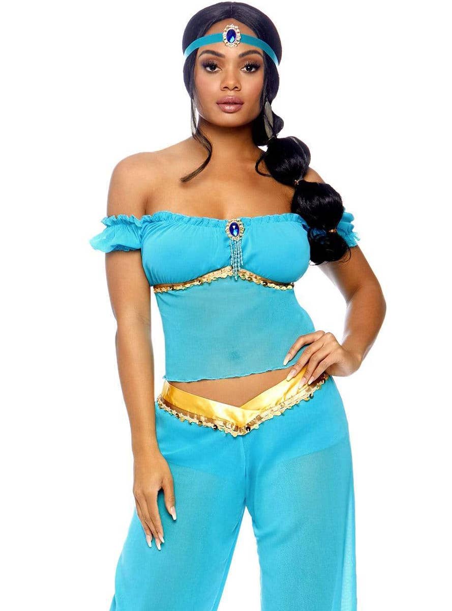 Women's Sexy Blue and Gold Princess Jasmine Costume - Close View