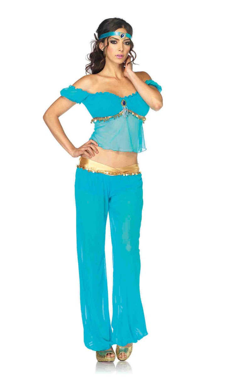 Women's Sexy Blue and Gold Princess Jasmine Costume - Alt View