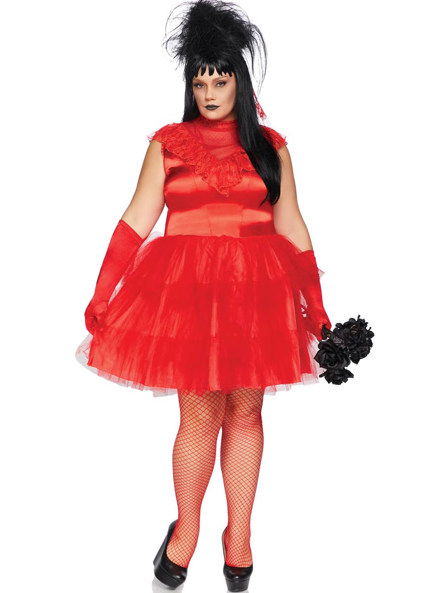 Women's Plus Size Red Beetlejuice Bride Lydia Halloween Costume View 1