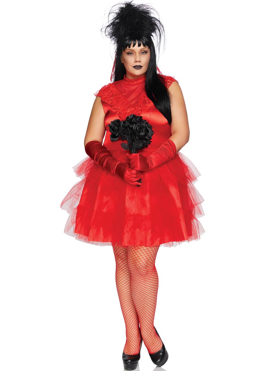 Women's Plus Size Red Beetlejuice Bride Lydia Halloween Costume View 2
