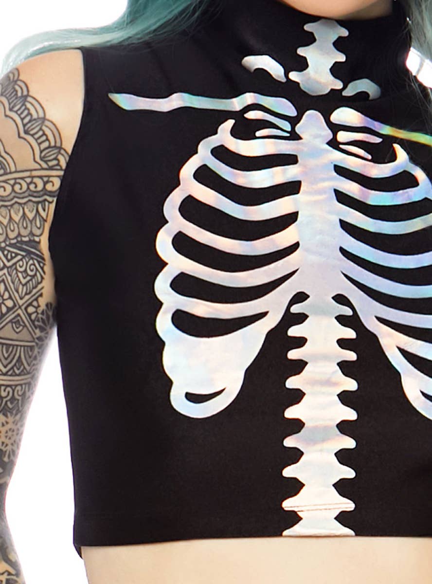 Women's Sexy Holographic Skeleton Fancy Dress Costume Close Front Image