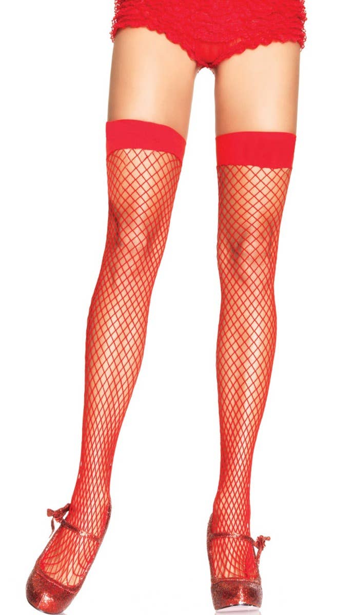 Plain Top Red Thigh High Fishnet Stockings Front View