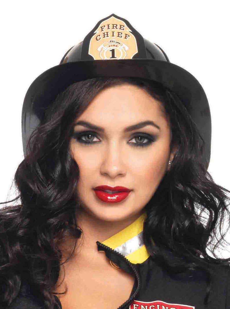 Women's Deluxe Black Firefighter Costume Hat Close Image