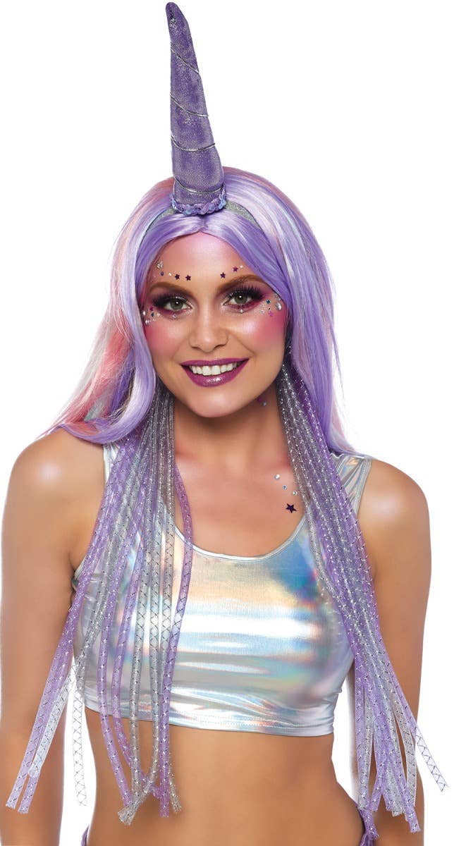 Women's Shimmer Purple Unicorn Horn On Headband With Mane