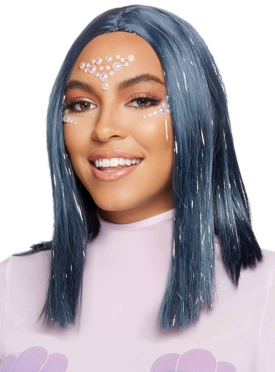 Women's Dark Midnight Blue Concave Bob Costume Wig with Tinsel Highlights Alternative Image 2