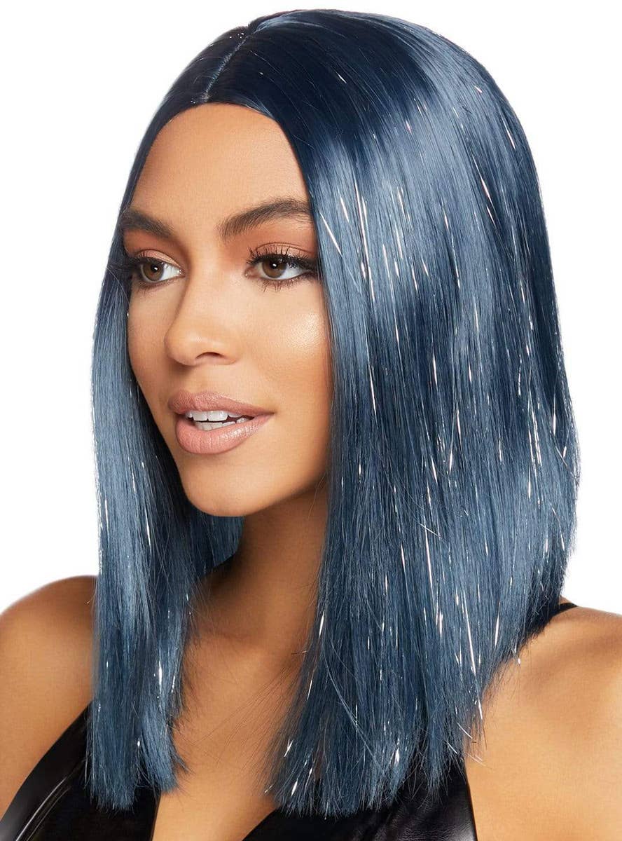 Women's Dark Midnight Blue Concave Bob Costume Wig with Tinsel Highlights Main Image
