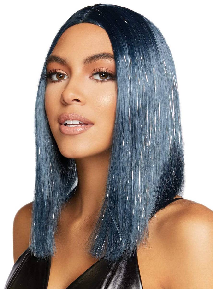 Women's Dark Midnight Blue Concave Bob Costume Wig with Tinsel Highlights Alternative Image