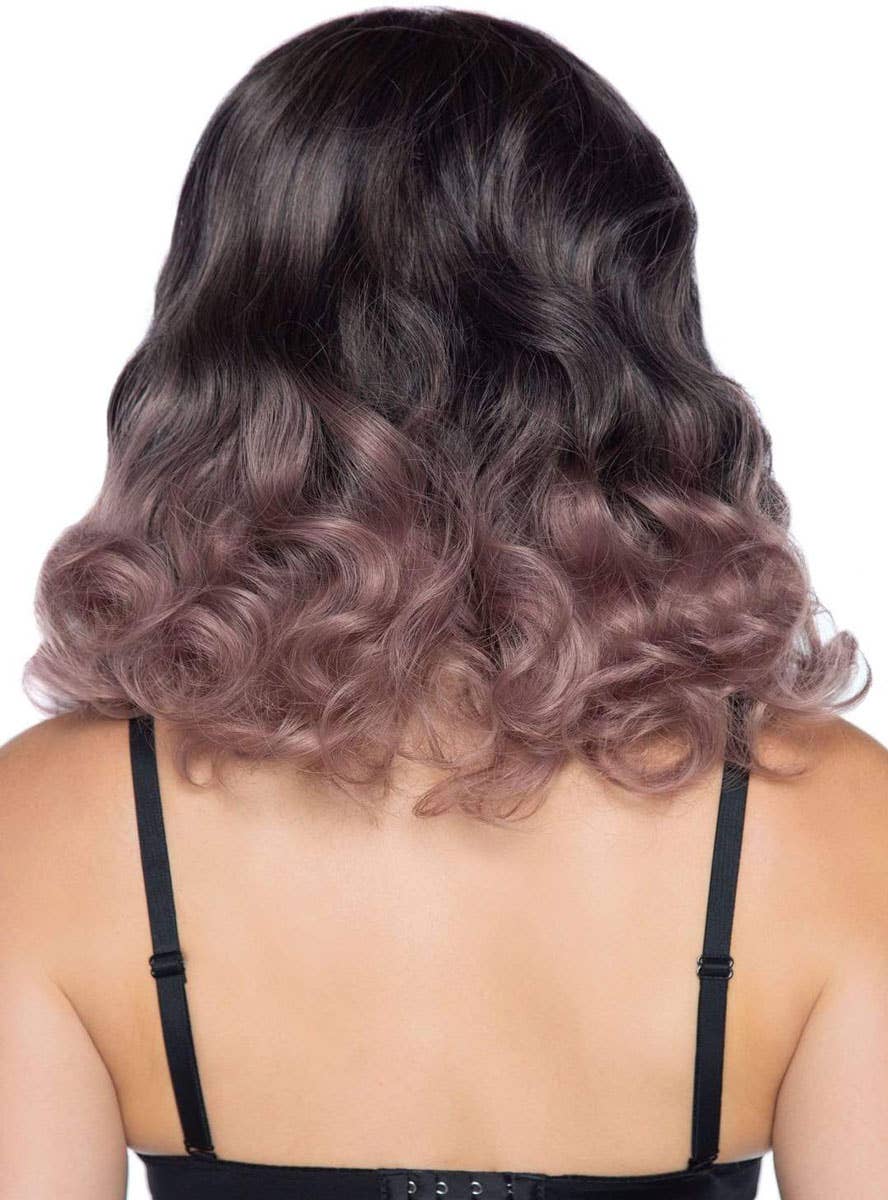 Women's Curly Brown and Dusk Pink Ombre Bob Style Costume Wig Front View Back Image