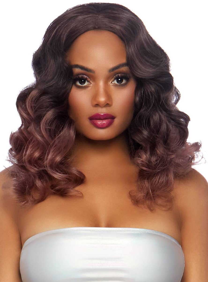 Women's Curly Brown and Dusk Pink Ombre Bob Style Costume Wig Front View Image