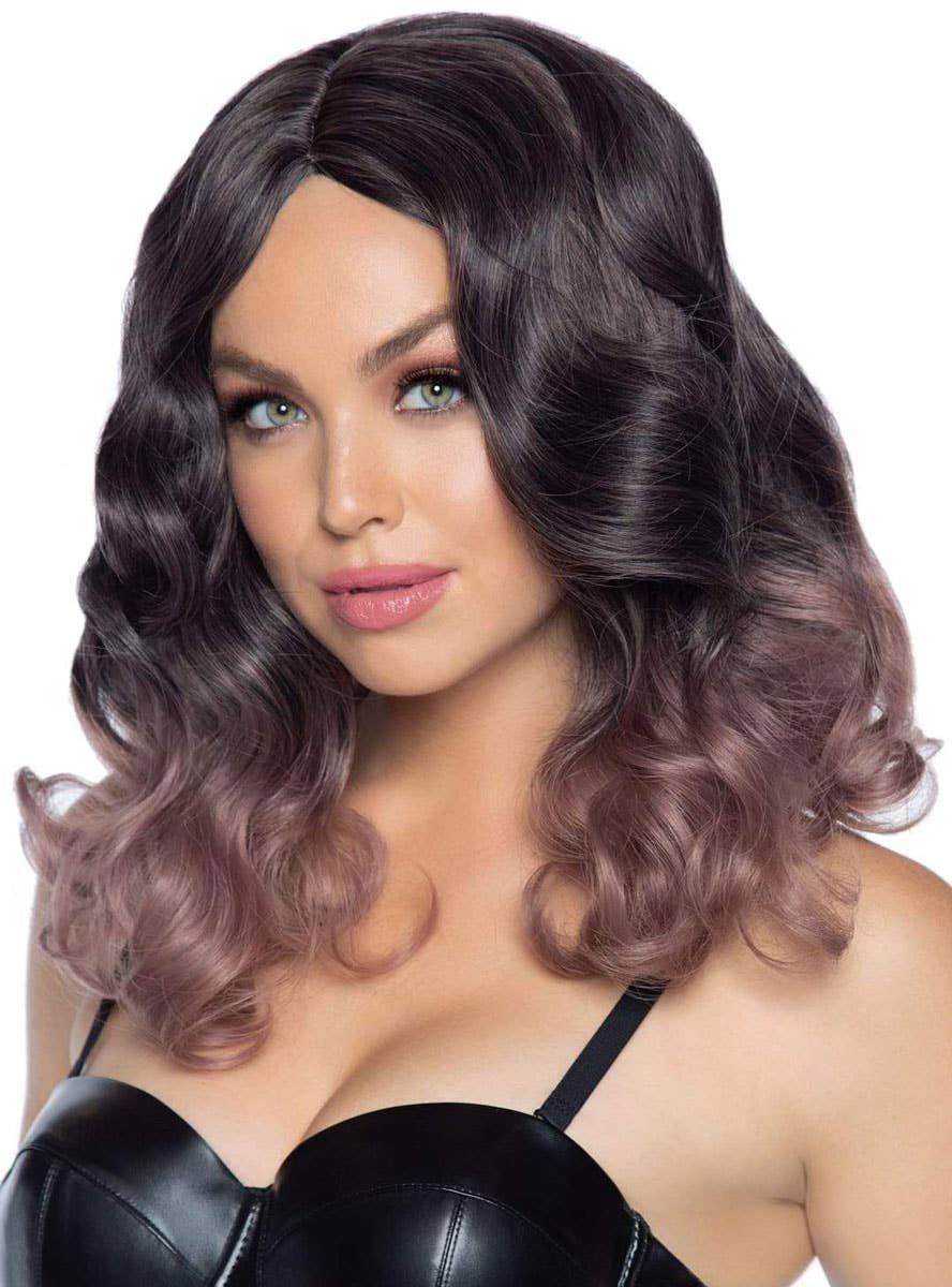 Women's Curly Brown and Dusk Pink Ombre Bob Style Costume Wig Front View Main Image