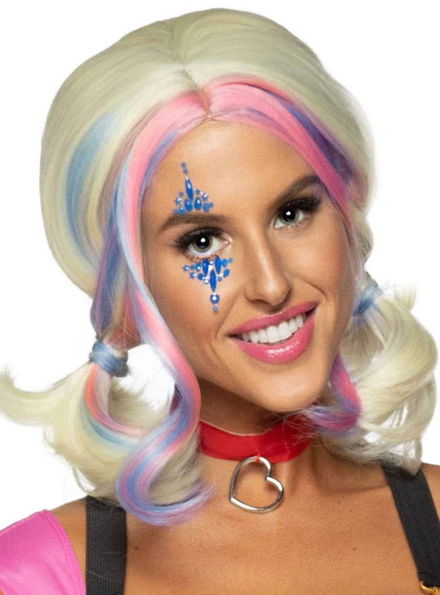 Sparkly Blue and Red Harlequin Clown Self Adhesive Face Gems - Example Image