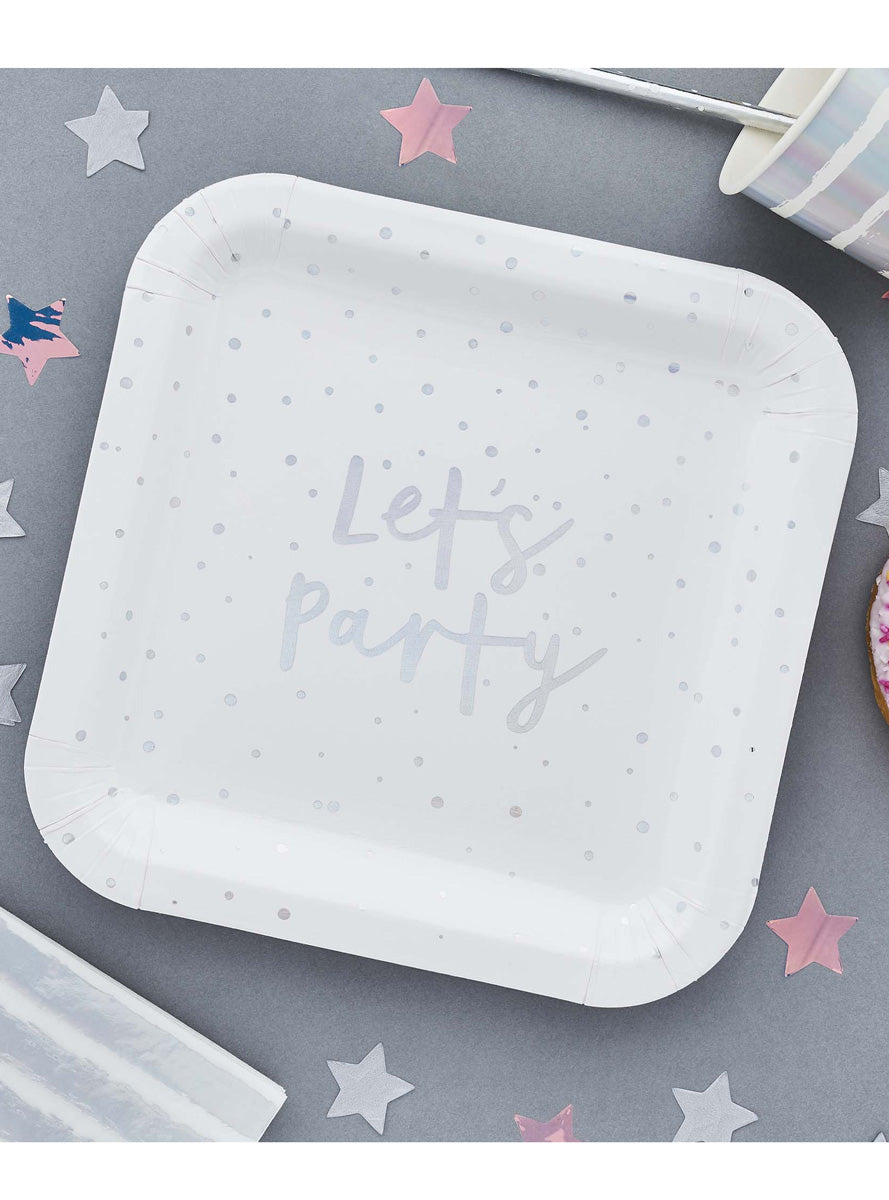 Lets Party Iridescent Dot 8 Pack 23cm Square Paper Plates – Lifestyle Image