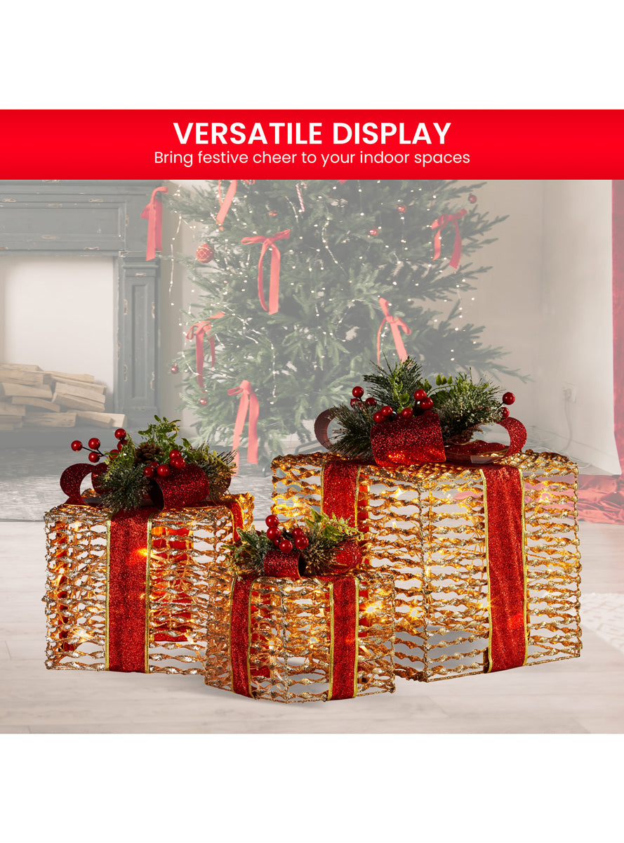 Light Up Champagne Colour Christmas Gift Decoration Set With Red Bows 3 Piece - Info Image 2