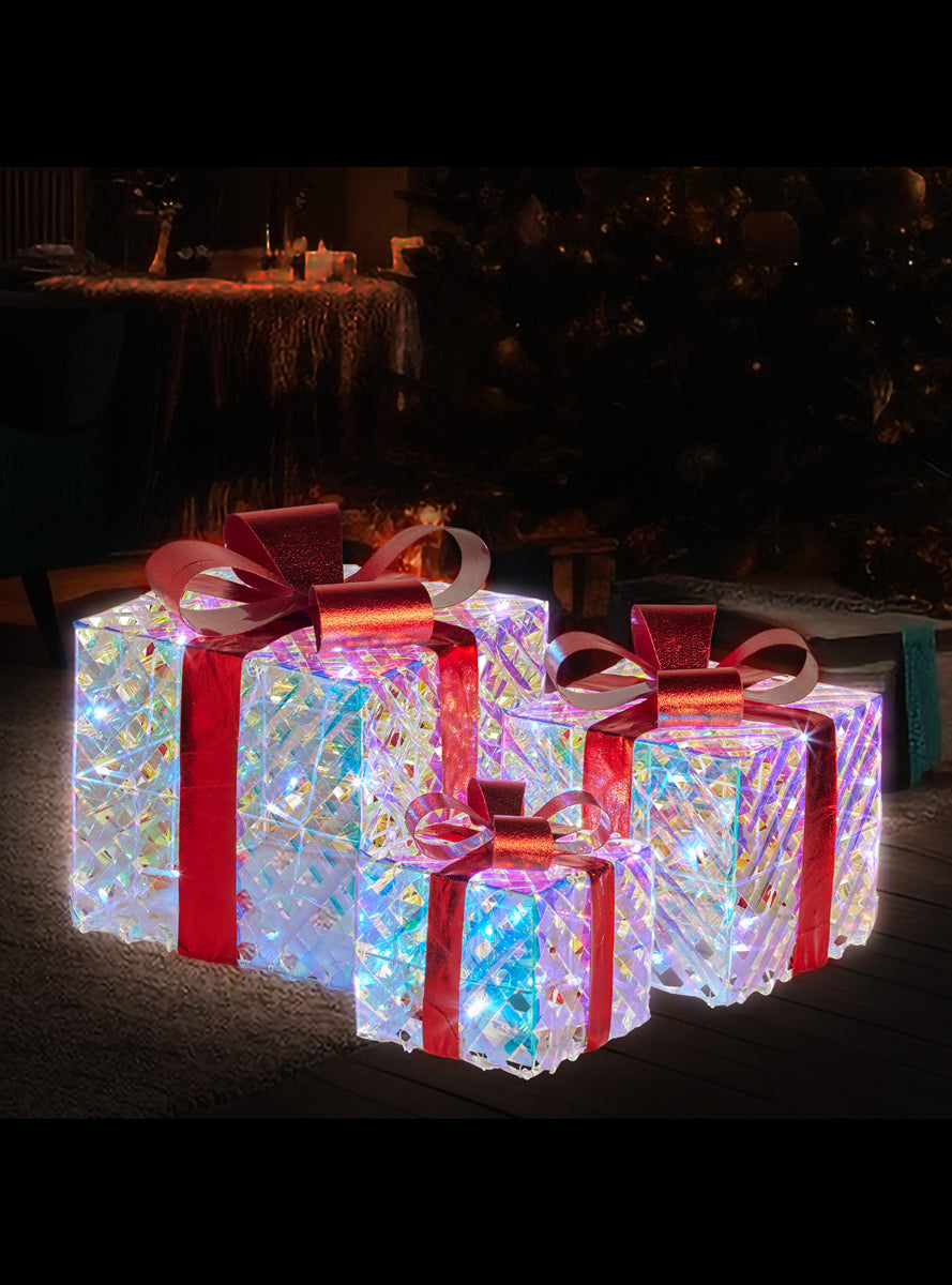 Light Up Clear Iridescent Christmas Gift Boxes With Red Bows 3 Piece - Alternate Image
