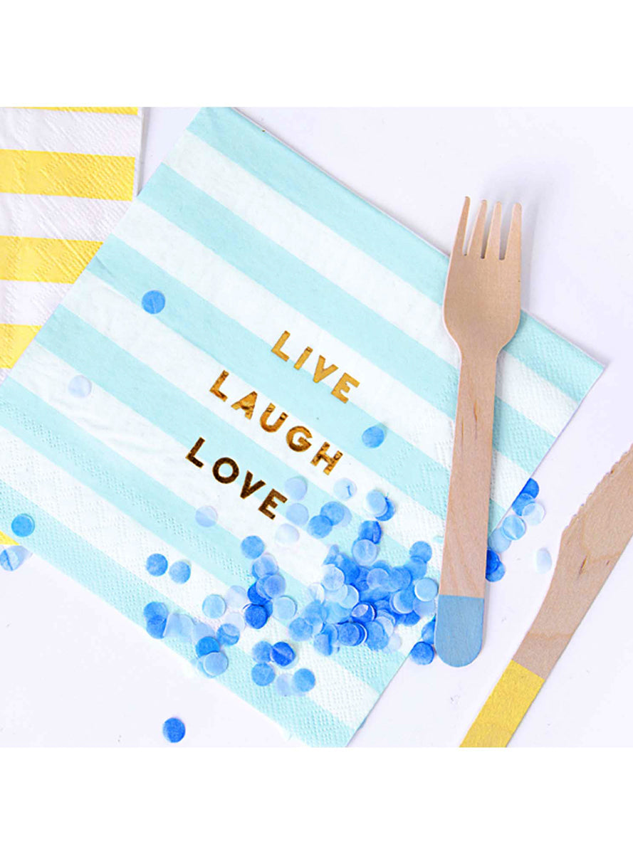 Live Laugh Love 20 Pack Blue and White Striped Lunch Napkins - Lifestyle Image 1