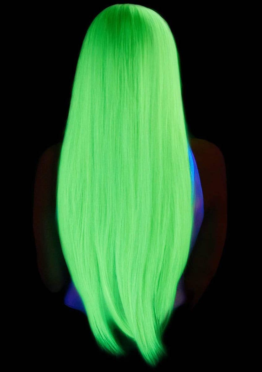 Women's Long Straight 83cm UV Reactive Neon Green Costume Wig Back Glow Image