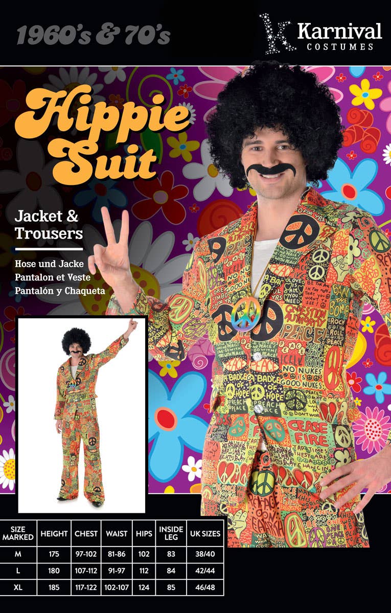 Men's 1970's Peace and Love Hippie Print Suit Costume - Packaging Image