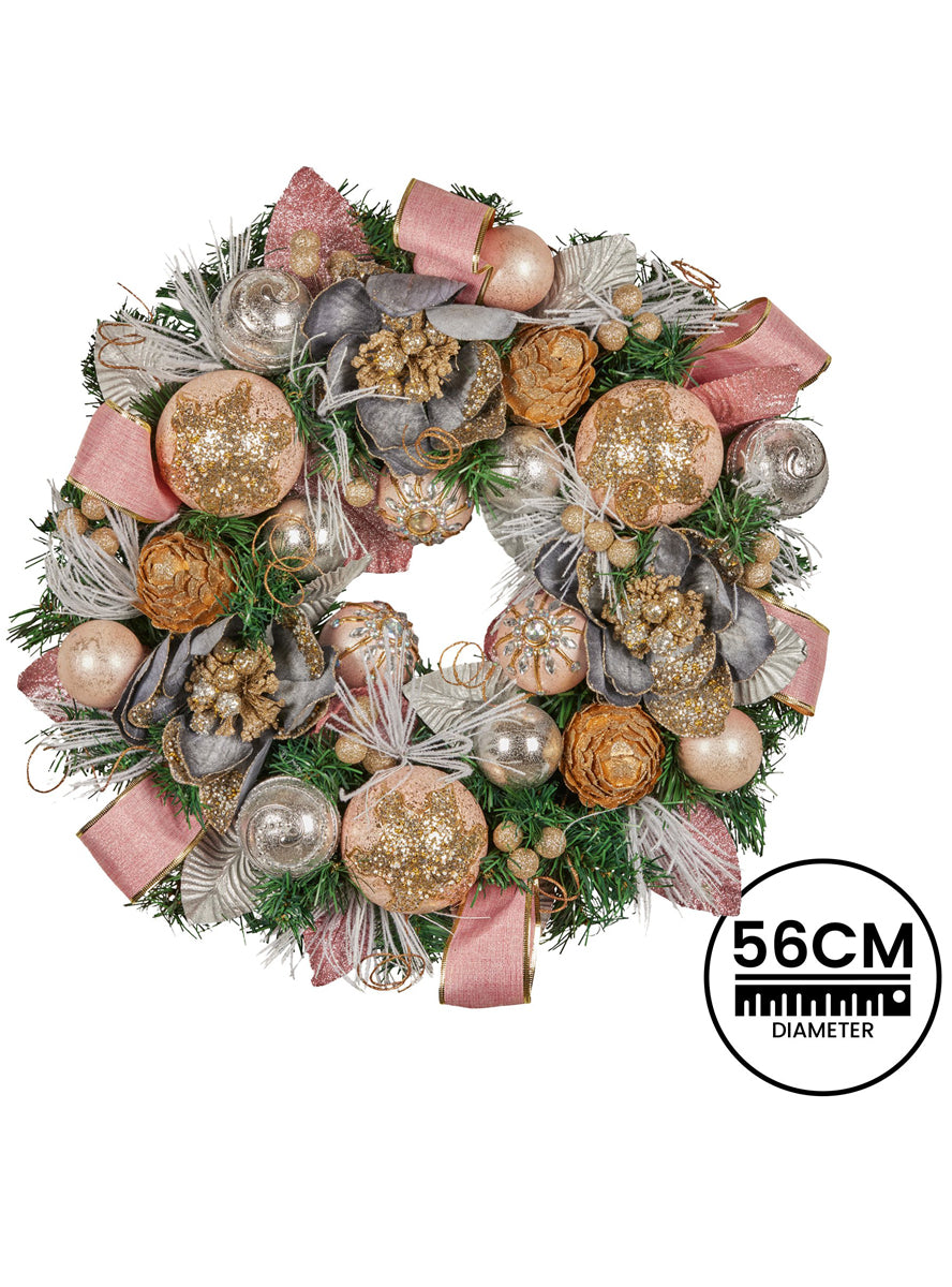 Lush Deluxe 56cm Christmas Wreath with Pink Baubles and Decorations - Dimensions Image