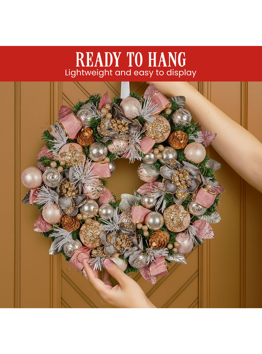 Lush Deluxe 56cm Christmas Wreath with Pink Baubles and Decorations - Info Image 5