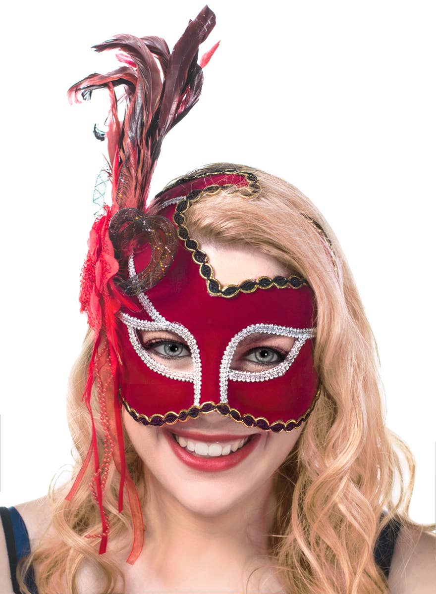 Red Velvet Masquerade Mask With Side Feathers View 1