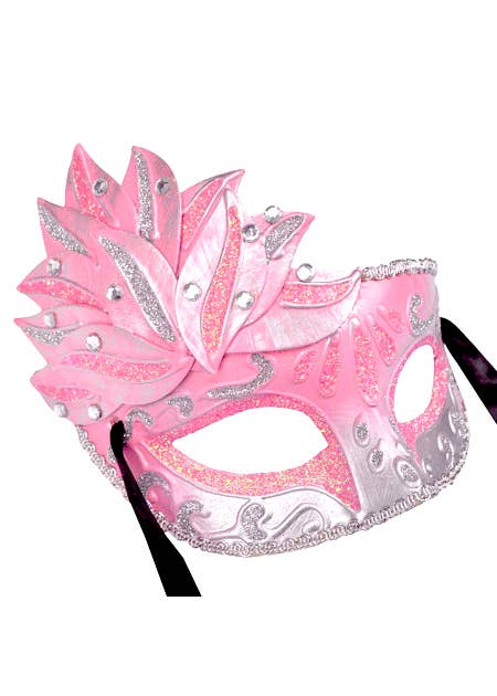 Women's Silver And Pink Side Overlay Mesquerade Mask Side