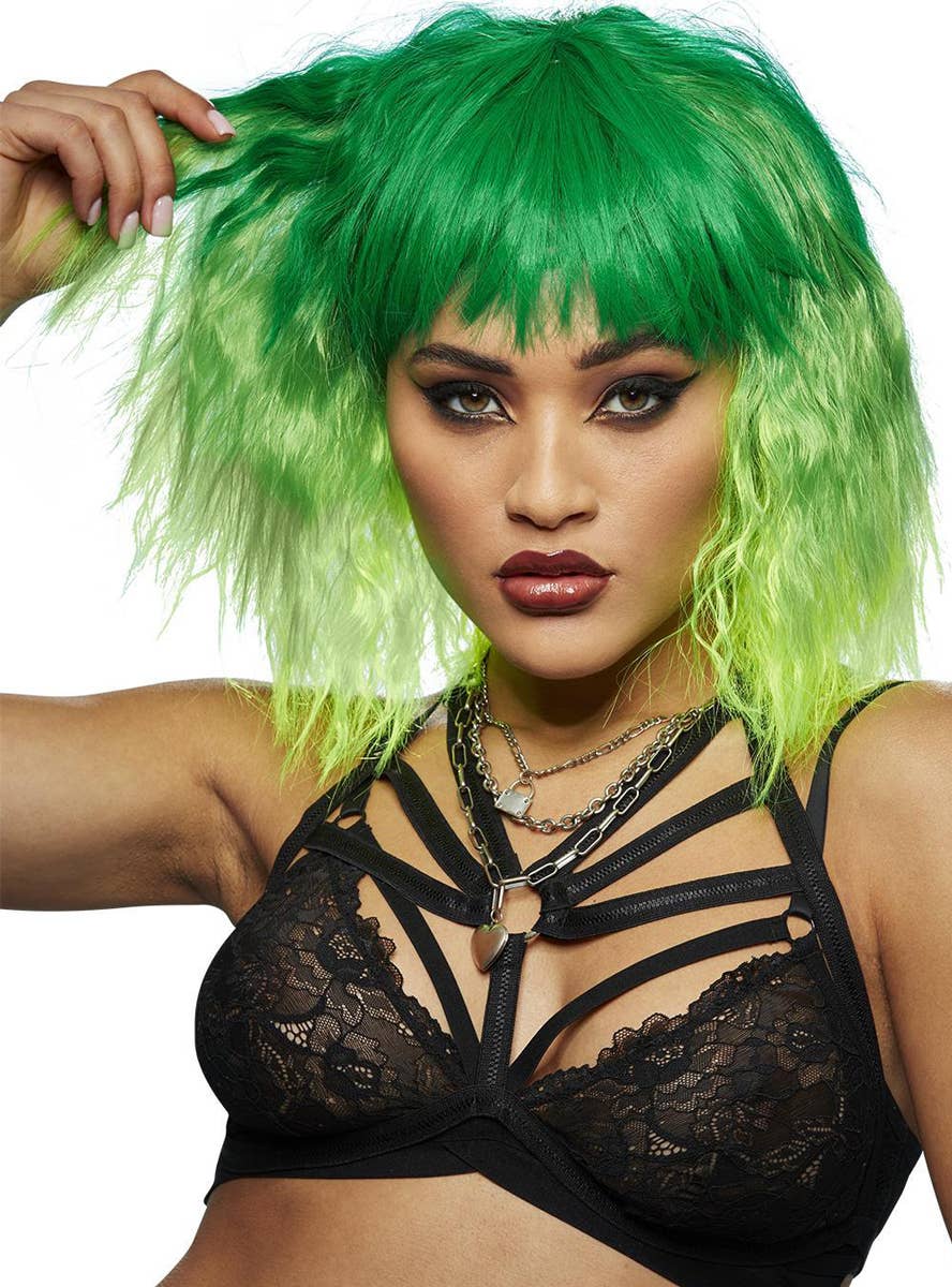 Short Fluffy Waves Womens Manic Panic Green Ombre Costume Wig - Front Image