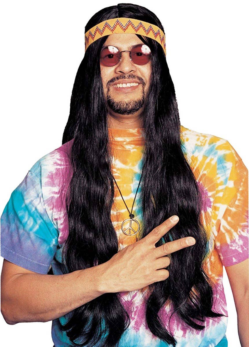 Extra Long Men's Black Hippie Costume Wig With Headband