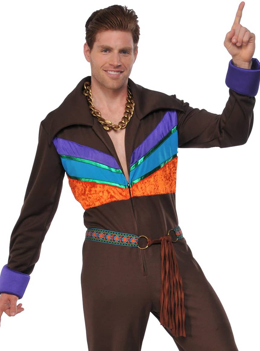 Men's 1970's Hippie Guy Brown Costume Jumpsuit - Close Image