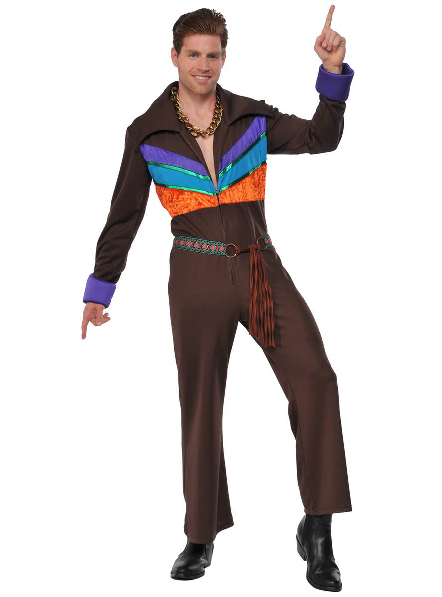 Men's 1970's Hippie Guy Brown Costume Jumpsuit - Main Image