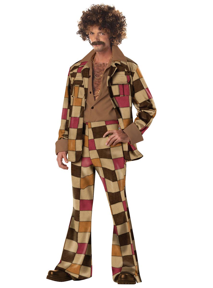 70s Disco Sleazeball Brown Beige and Maroon Check Suit With Tan Shirt Mens Retro Costume - Main Image
