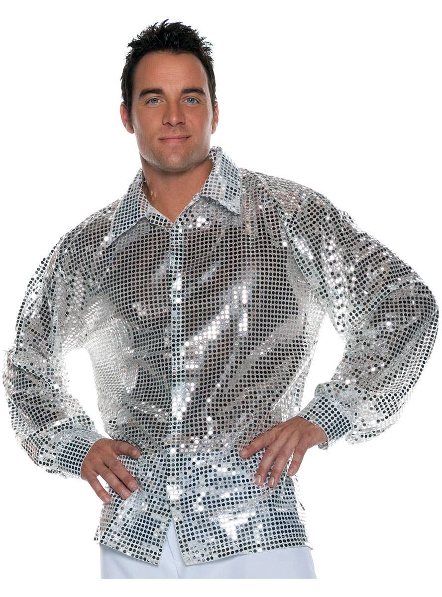 Long Sleeve Men's Silver Sequin 70s Disco Costume Shirt