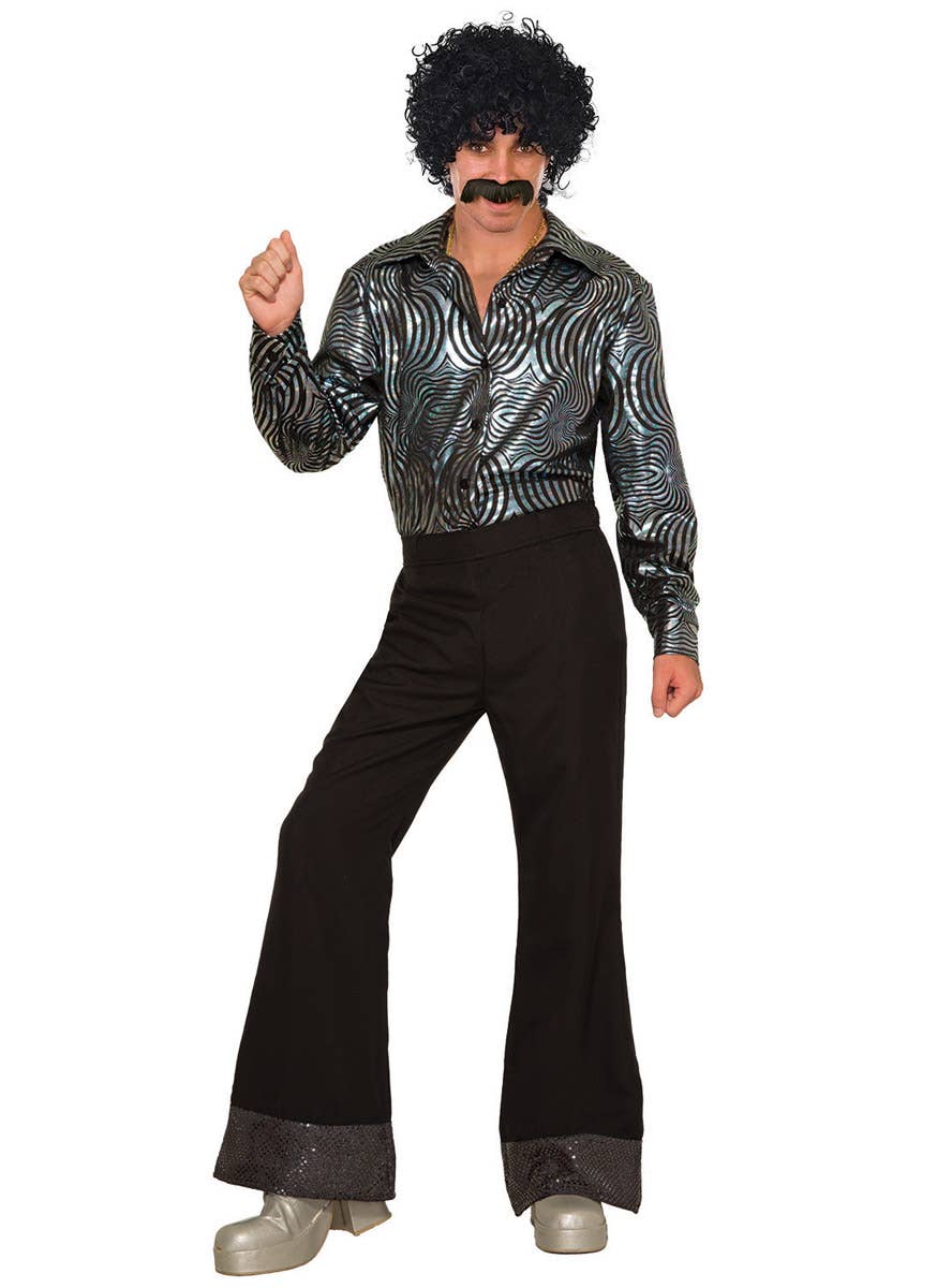 Men's Flared Black 1970s Disco Costume Pants with Sequined Trim