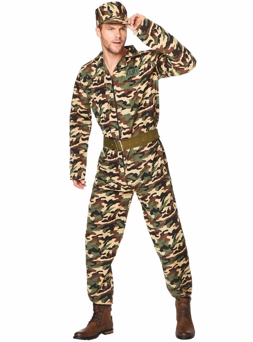 Image of Camo Print Men's Army Costume Jumpsuit - Alternate View