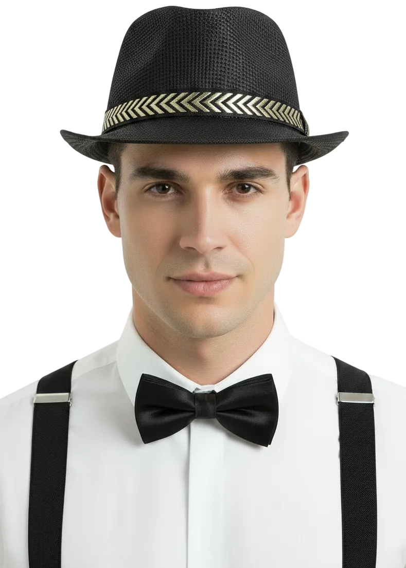Woven Black 1920s Fedora Costume Hat with Gold Band - Main Image
