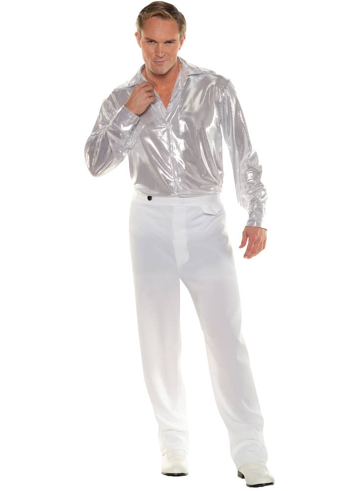 Shiny Silver White Mens Plus Size 70s Disco Costume Shirt - Full Image