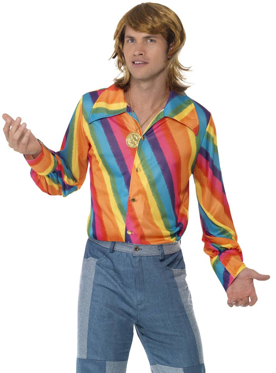 70s Rainbow Striped Mens Disco Costume Shirt - Main Image