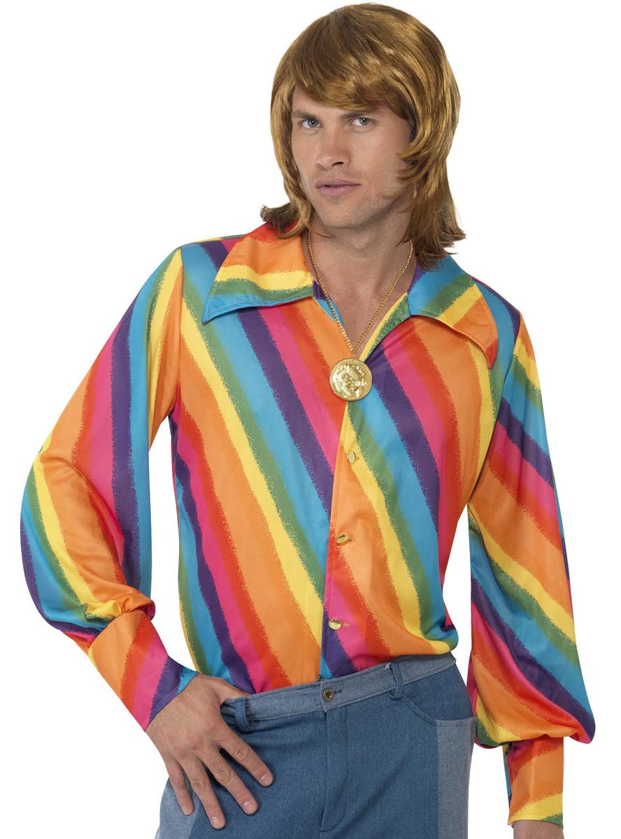70s Rainbow Striped Mens Disco Costume Shirt - Close Up Image