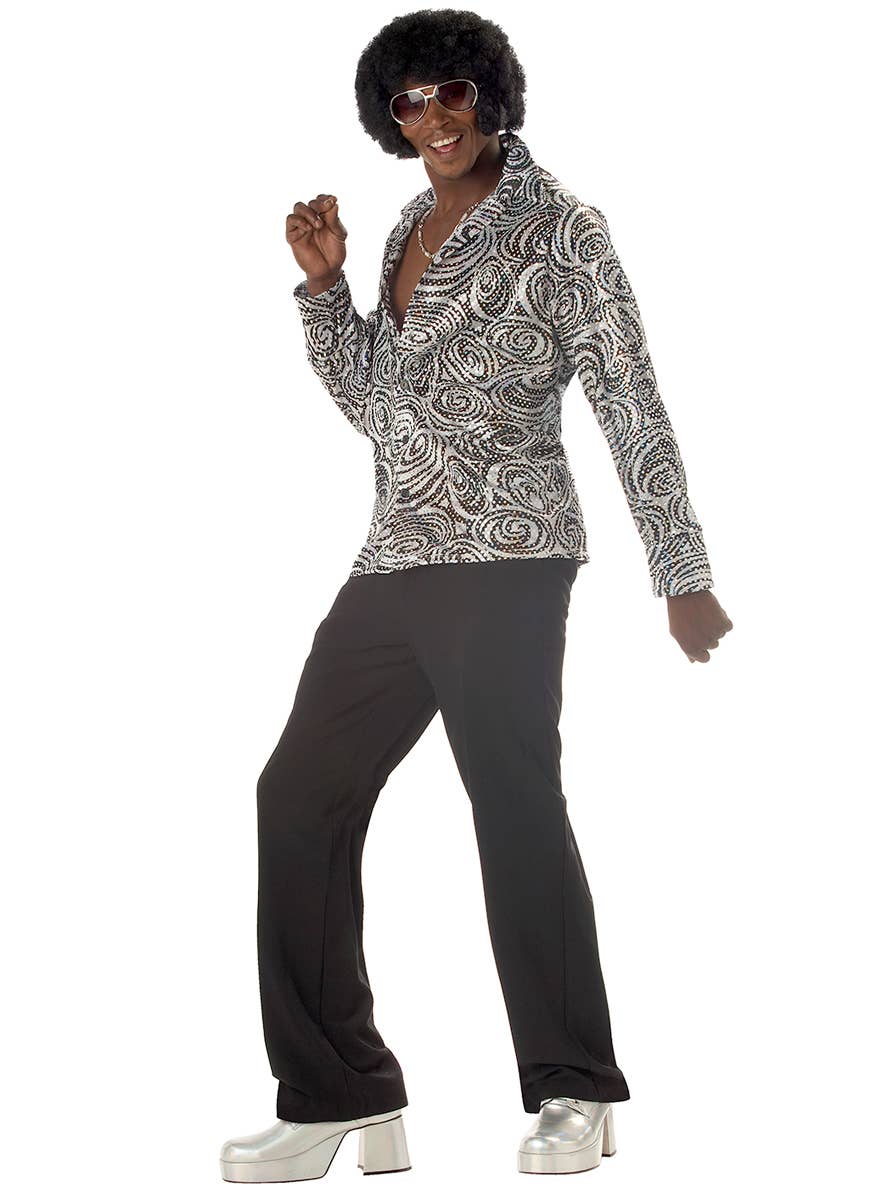 Silver Holographic Men's 70's Disco Shirt And Black Costume Wig Set - Close Image