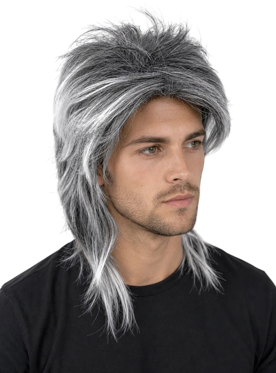 Black And White Mens Old Rocker Costume Wig- Main Image