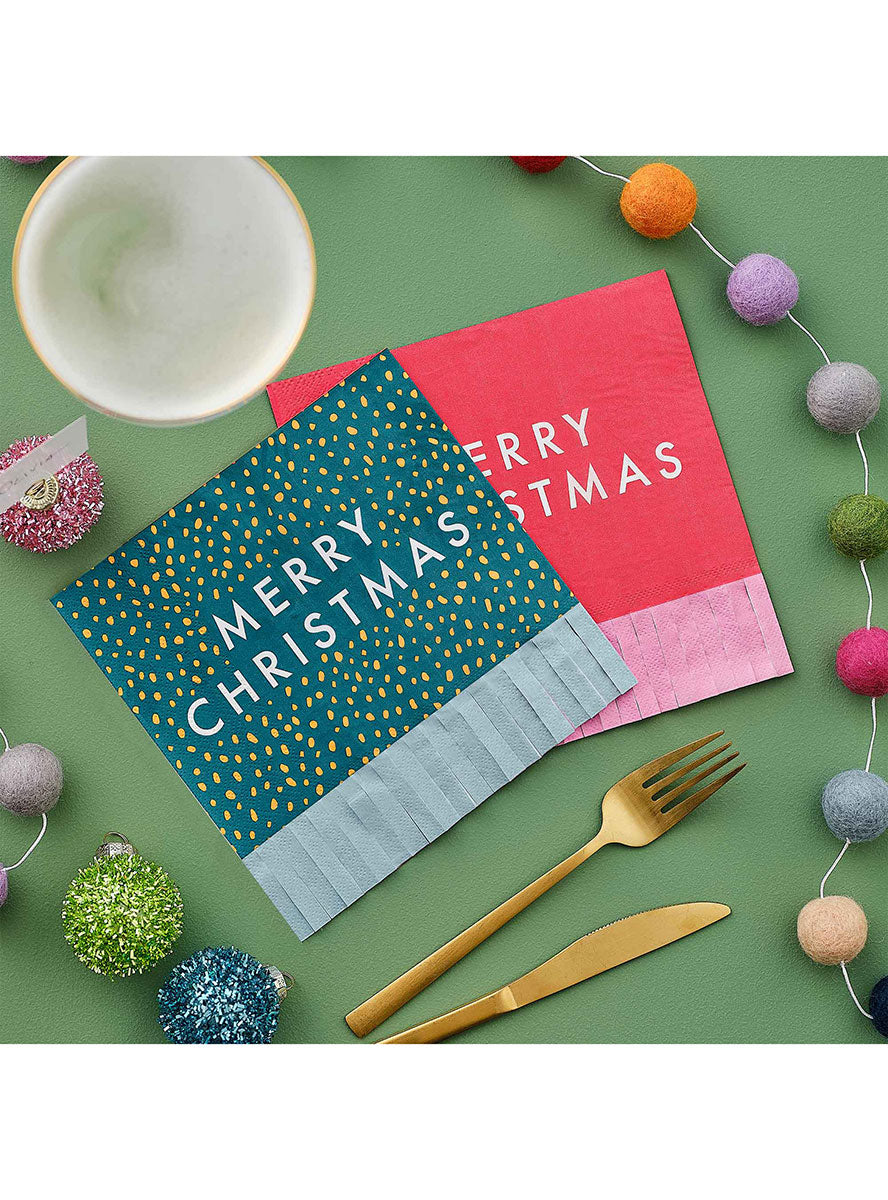 Merry And Bright Double Sided Fringed Christmas Napkins 16 Pack – Lifestyle Image