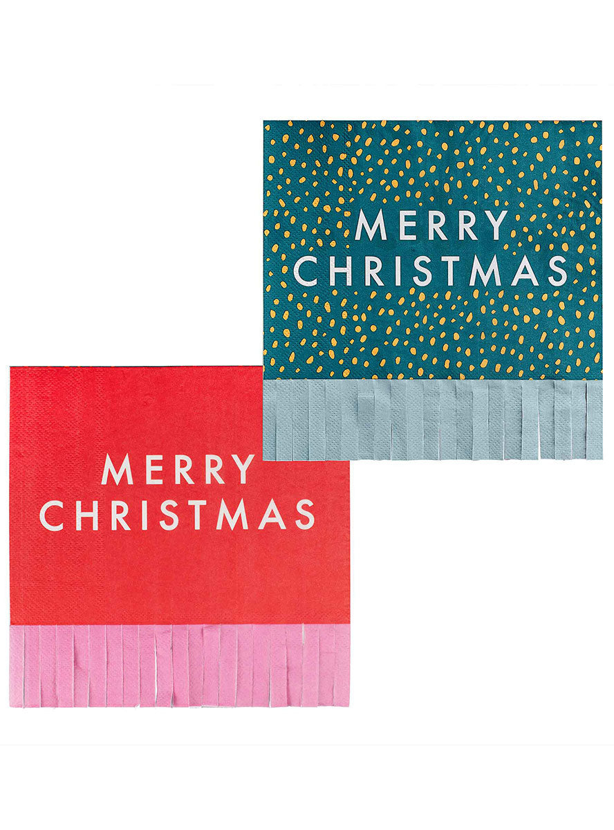 Merry And Bright Double Sided Fringed Christmas Napkins 16 Pack – Main Image