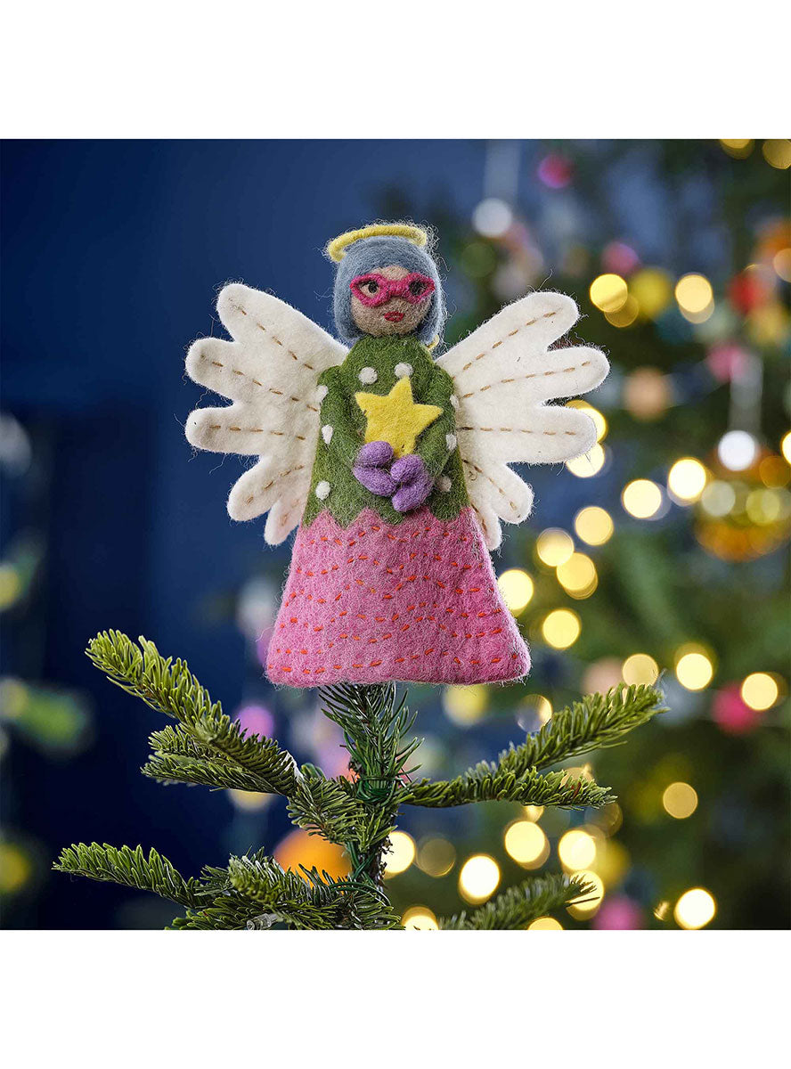 Merry And Bright Colourful Felt Angel Christmas Tree Topper – Lifestyle Image